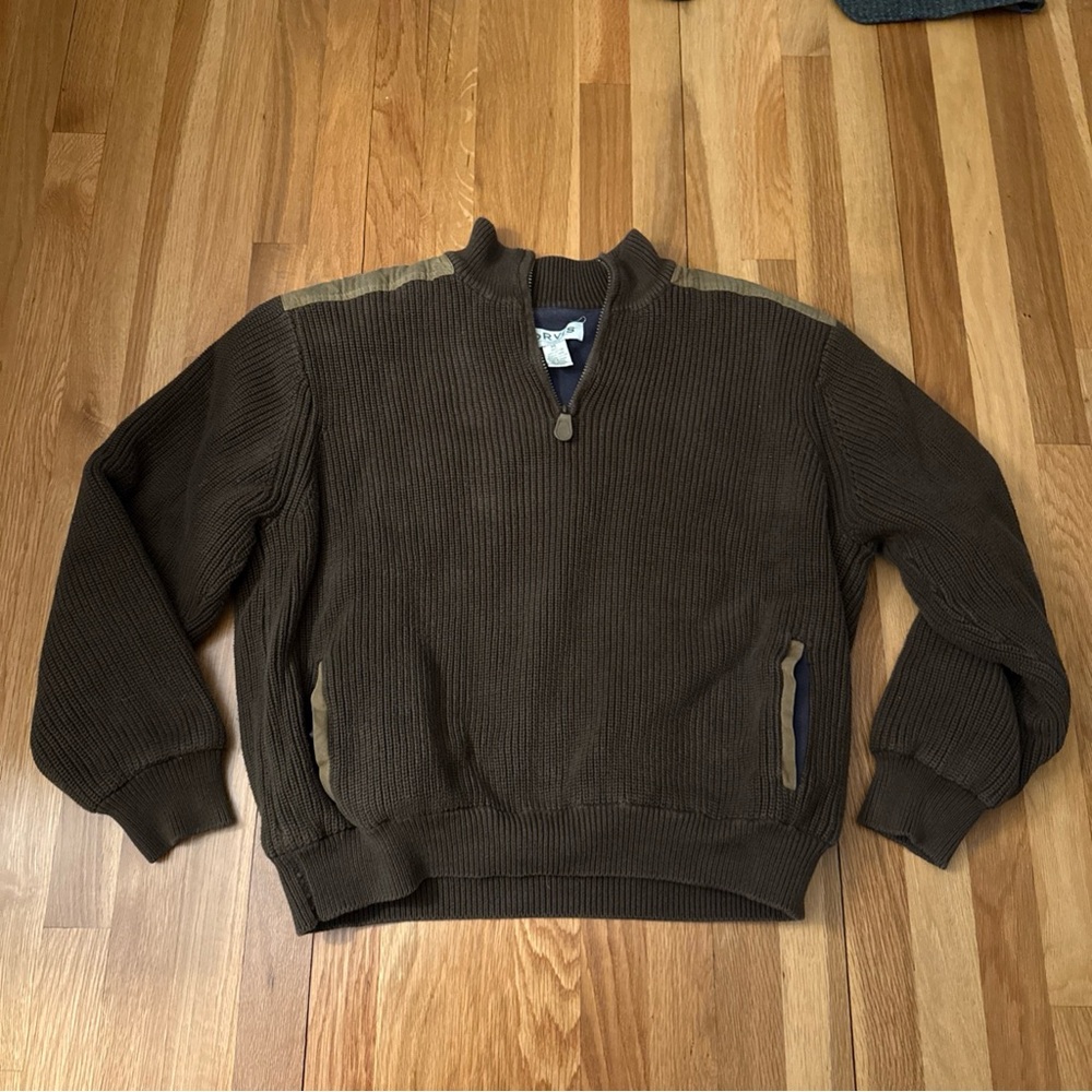 Orvis 1/4 Zip Men's Brown Heavy Knit Sweater Suede Shoulder Patches